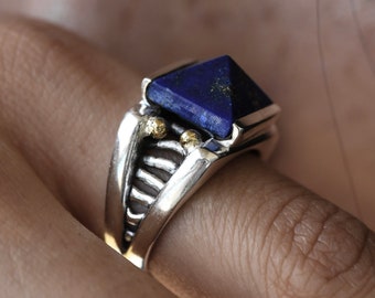 Egyptian Pyramid Ring, Lapis Lazuli, Chunky Statement Ring, 925 Sterling Silver and Brass, Unisex, Natural Blue Gemstone, Handmade Gift