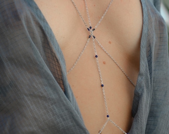 Lapis Lazuli Body Chain, Natural Gemstone, Stainless Steel, Unique Statement Handmade Jewelry, Beach Rave Body Accessories, Gift For Her