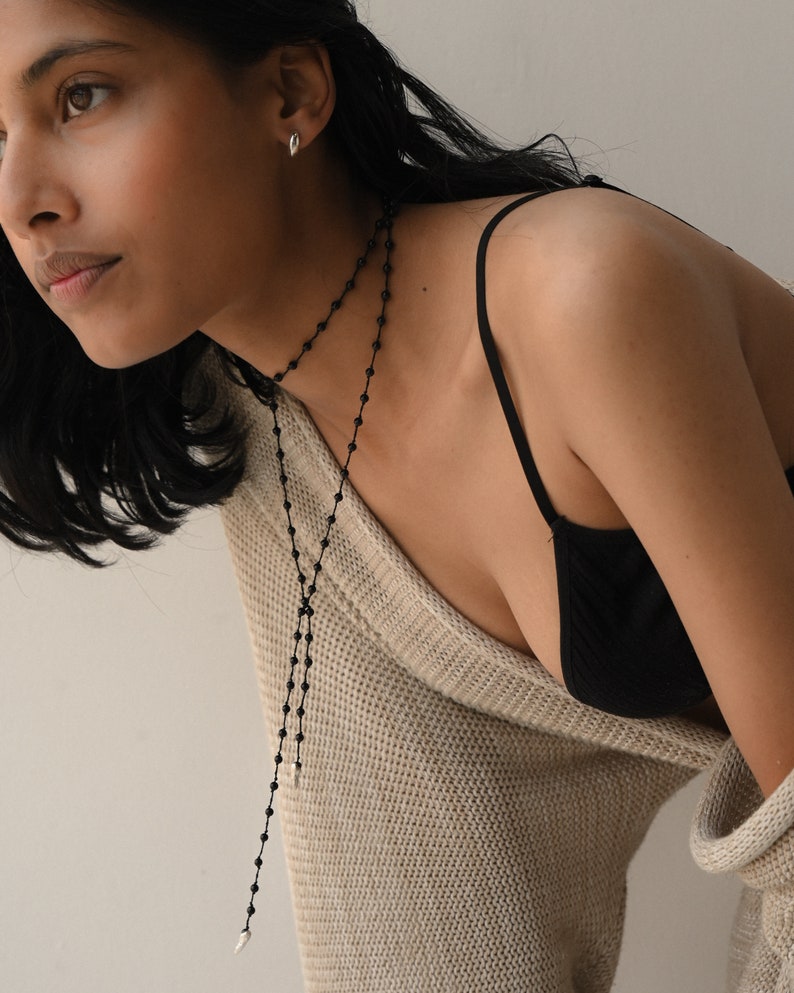 Black Onyx Mala Necklace, Sterling Silver Tooth Choker, Boho Beaded Anklet image 4