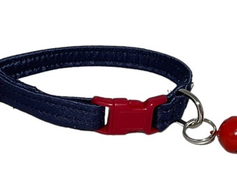 Blue Satin Collar for Cat or Small Dog- Red Breakaway Buckle and Bell