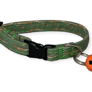 Trout Collar for Cats and Dogs with Orange Bell- Green with Small Fish- Black Breakaway Buckle - Non Breakaway Available -