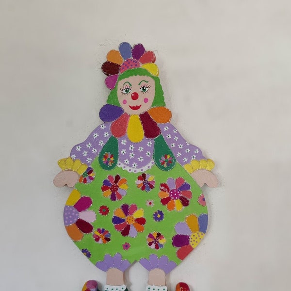 Kukka wooden wall clown, hand-painted craft decoration, original gift to decorate a child's room, unique piece.