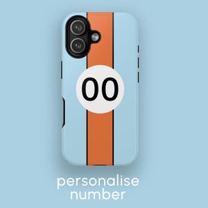 May include: A light blue phone case with an orange vertical stripe down the center and a white circle with the number "00". The text "personalise number" is at the bottom.