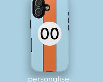 Gulf racing phone case, custom number design, retro motorsport style, iPhone & Samsung case, MagSafe, tough or slim cover