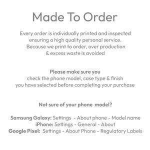 May include: White background with the text "Made To Order" in gray. The text explains the printing process and advises customers to verify phone model, case type, and finish before purchase. Instructions are provided for Samsung Galaxy, iPhone, and Google Pixel.