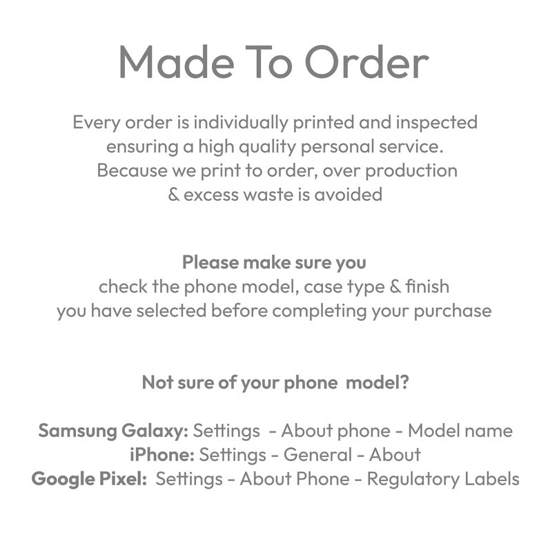 May include: White background with the text "Made To Order" in gray. The text explains the printing process and advises customers to verify phone model, case type, and finish before purchase. Instructions are provided for Samsung Galaxy, iPhone, and Google Pixel.