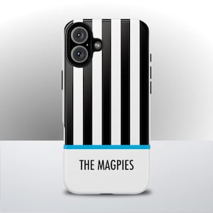 Phone case inspired by Newcastle United, featuring bold black and white vertical stripes with a thin blue accent line and the text “THE MAGPIES” at the bottom. Perfect for Toon Army supporters, this sleek football-themed phone cover is available for iPhone and Samsung Galaxy models in Tough, MagSafe, and Slim styles, offering both stylish protection and team pride.