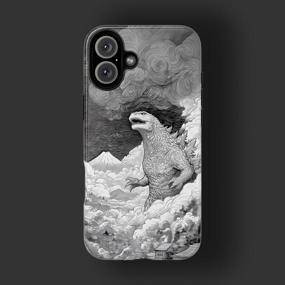 Japanese monster phone case, black and white Godzilla wave art design, iPhone & Samsung case, MagSafe, tough or slim cover Japanese monster phone case, black and white Godzilla wave art design, iPhone & Samsung case, MagSafe, tough or slim cover