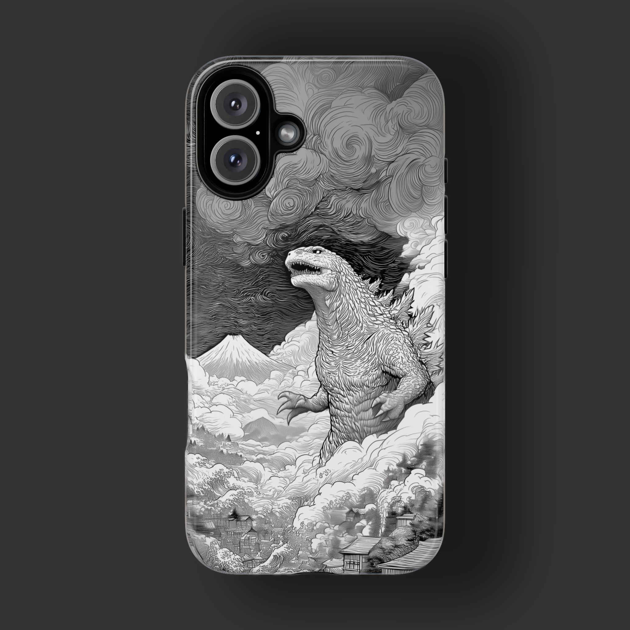 Japanese monster phone case, black and white Godzilla wave art design, iPhone & Samsung case, MagSafe, tough or slim cover Japanese monster phone case, black and white Godzilla wave art design, iPhone & Samsung case, MagSafe, tough or slim cover