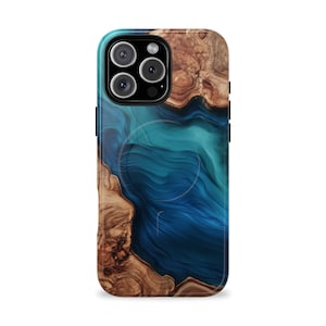 Wood & Blue Resin Effect Phone Case, MagSafe premium tough iPhone 16 pro max, 16 plus, 15 pro max, 15 plus, 14 Pro Max, cell phone cover