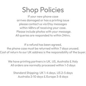 May include: Shop Policies text on a white background. The text details the return policy, including contacting Etsy messages within 48 hours of receiving a damaged phone case, and the return of the phone case within 7 days.