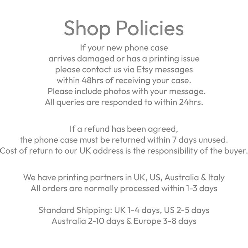 May include: Shop Policies text on a white background. The text details the return policy, including contacting Etsy messages within 48 hours of receiving a damaged phone case, and the return of the phone case within 7 days.