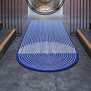 GAN blauer Läufer handgetufteter Teppich 100% Wolle handgefertigter unregelmäßiger Korridorteppich - Einzigartiges Design, perfekt für Küchen- oder Foyer-Dekorationsteppiche