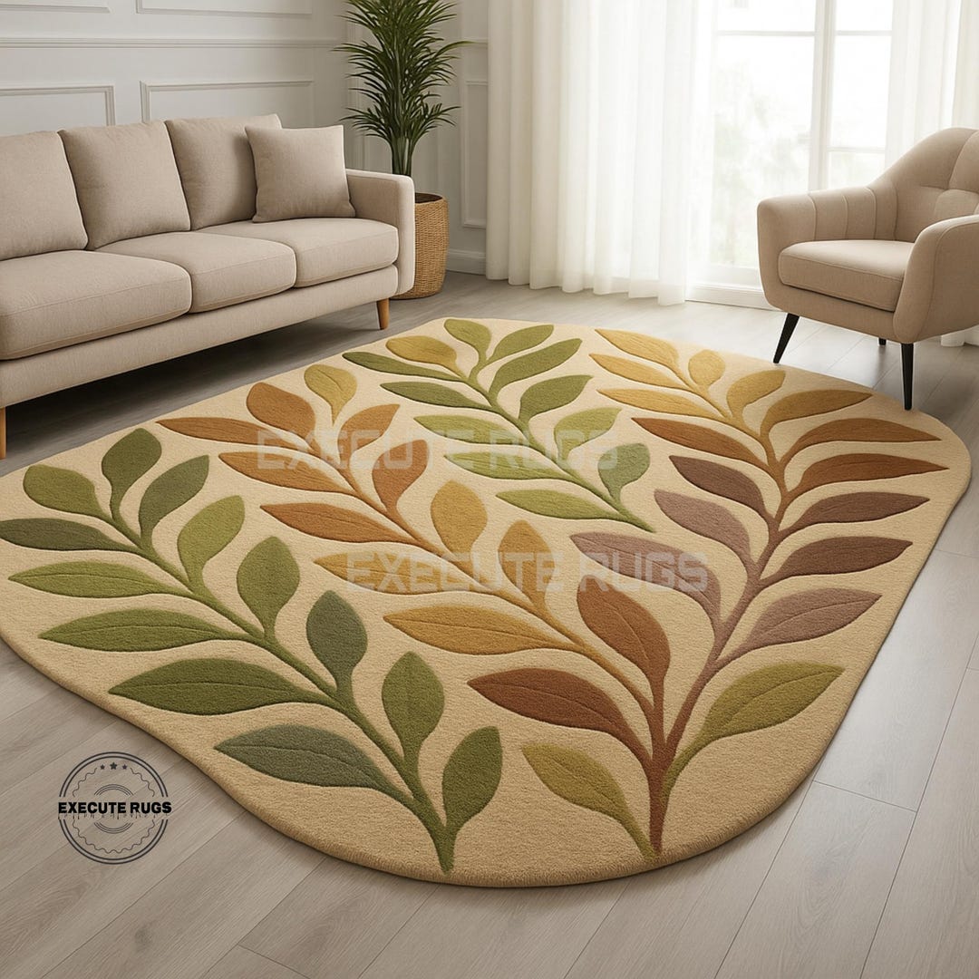 Hand Tufted Wool Area Rug: Leaf Pattern, Muted Green & Brown, 8x10 - Etsy