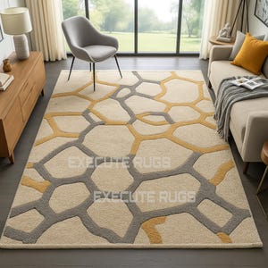 Hand Tufted Wool Rug: Beige, Gray & Mustard Stone Pattern - 8x10, 9x12