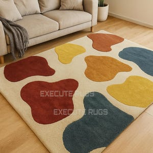 Hand-Tufted Wool Area Rug: 3D Pattern, Rust, Mustard, Teal - 8x10/9x12