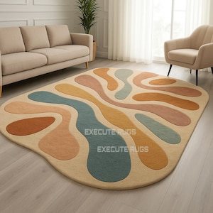 Hand Tufted Wool Area Rug: Abstract Teal, Ochre & Beige Oval
