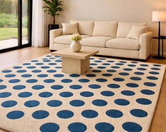 Alfombra de lana tejida a mano: lunares beige y azul marino, tamaños personalizados