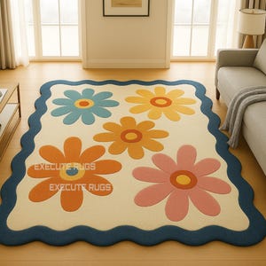 Hand Tufted Wool Area Rug: Cream Floral with Wavy Blue Border - 9x12