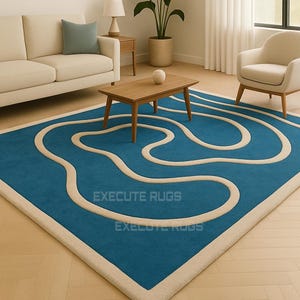 Teal Abstract Wavy Wool Rug: Hand-Tufted Contemporary Carpet