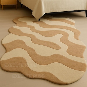 Light Beige Cream Abstract Wavy Area Rug with Irregular Organic Shape and Soft Flowing Pattern for Modern Minimalist Living Room Decor Rugs