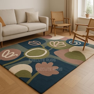 Hand-Tufted Wool Rug: Navy Blue Floral Rose Design