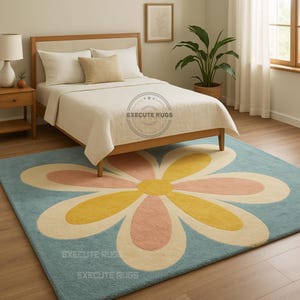 Hand-Tufted Wool Floral Rug: Light Teal Bedroom or Living Room Decor