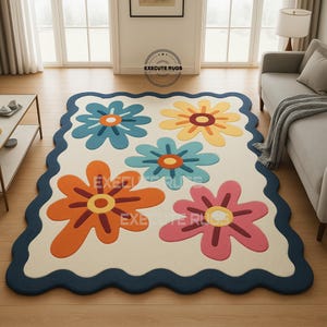 Hand-Tufted Wool Floral Rug: Vibrant Colors, Navy Border