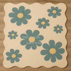 Hand Tufted Wool Area Rug: Floral Cream & Teal/Yellow, 8x10
