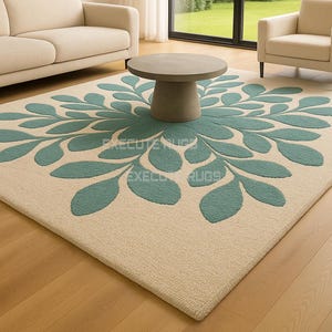 Hand Tufted Wool Rug: Cream & Teal Leaf Mandala - 8x10, 9x12