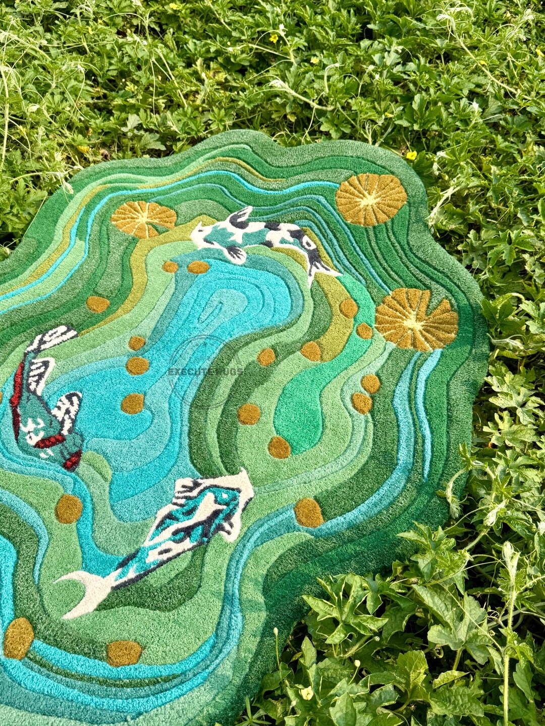 Fish Tuft Rug Hand Tufted Wool Koi Fish Rug – Teal & Green Pond Design - Etsy
