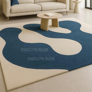 Hand-Tufted Wool Rug: Cream & Teal Blue Pattern, Modern Minimalist