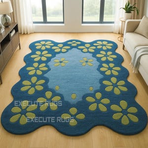 Hand-Tufted Wool Area Rug: Blue Wavy Edge, Teal Floral Design