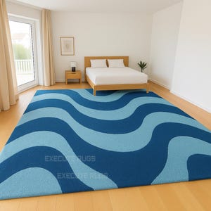 Hand Tufted Wool Rug: Blue Wavy Ocean Design