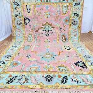 Handmade Turkish Oushak Wool Rug: Rose Pink & Mint Green, Custom Size