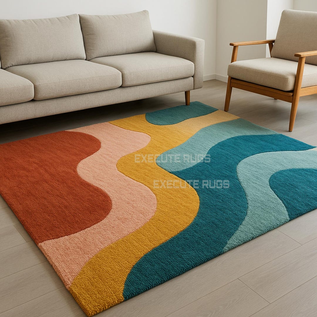 Teal Orange Rug Modern Hand Tufted Wavy Area Rug- Orange, Peach, Yellow & Teal Wool ...