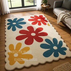Hand Tufted Wool Rug: Scalloped Cream Rug with Colorful Flowers