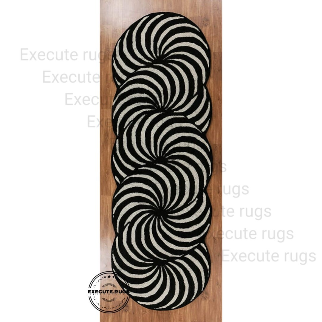 Handmade Black & White Runner Rug Unique Irregular Shape Design Perfect