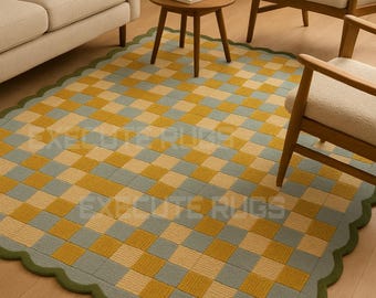 Hand Tufted Wool Rug: Scalloped Beige & Brown Area Rug