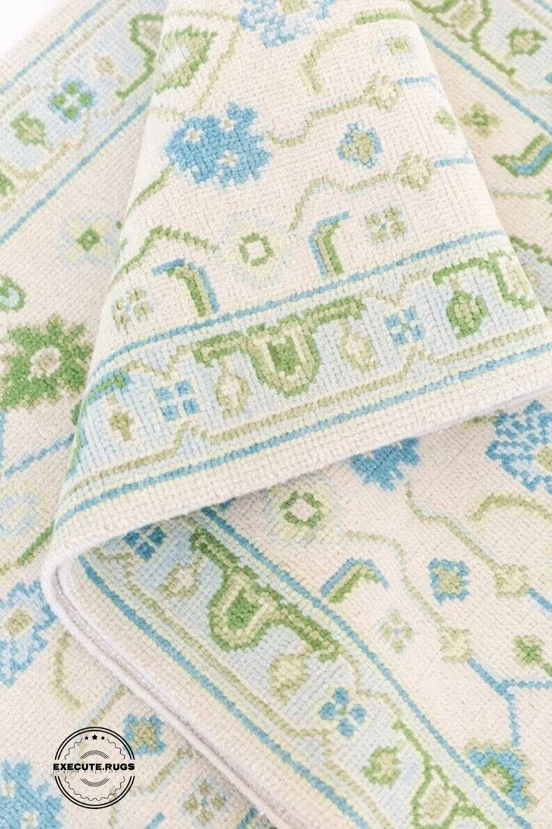 Handmade 9x12 Modern Oushak Rug With Sea Blue Border Olive Green Accent