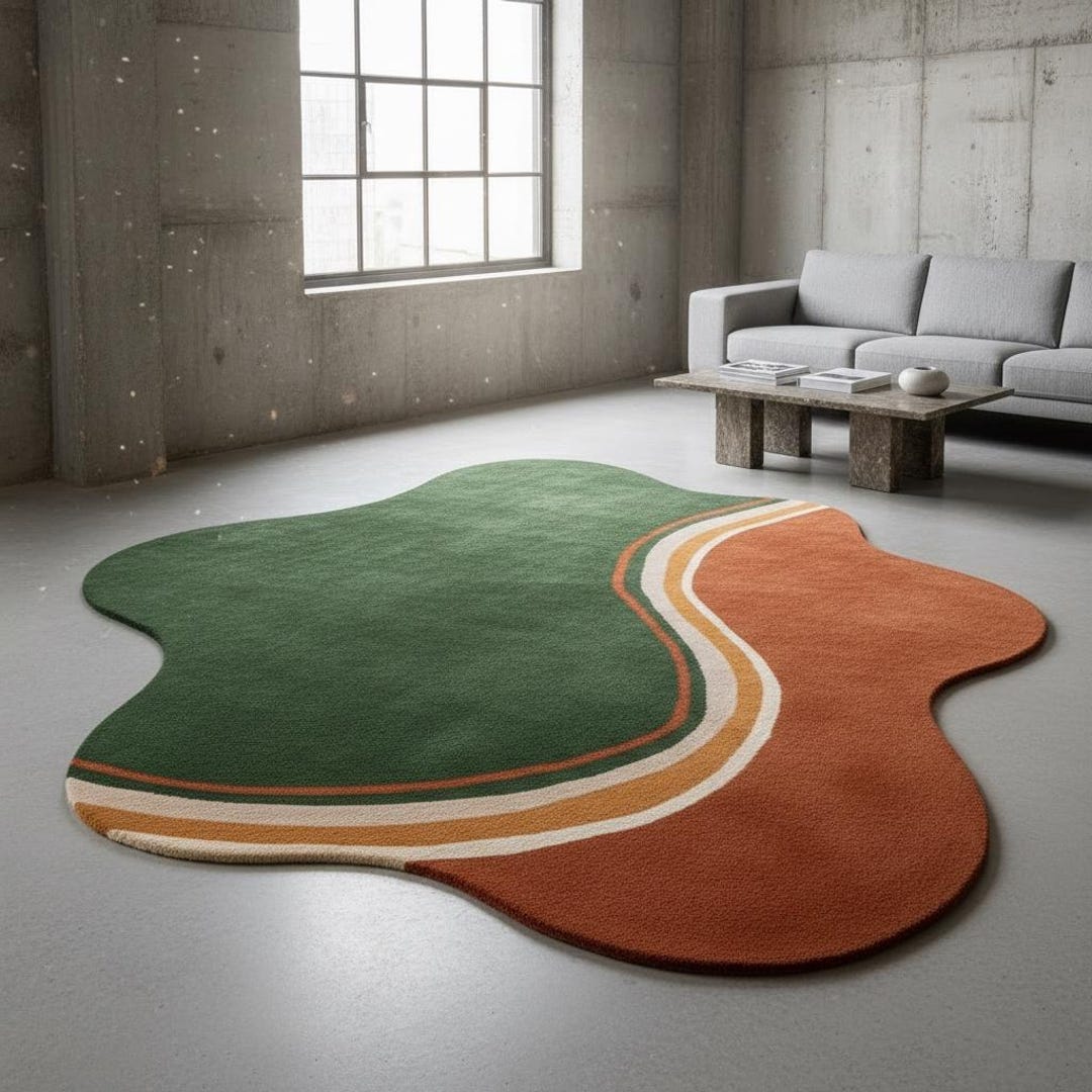 Hand Tufted Wool Area Rug – Forest Green Burnt Orange Abstract Organic ...
