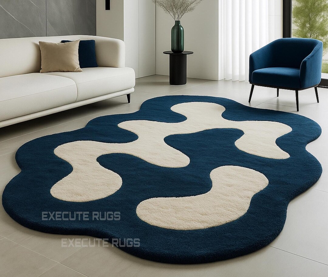 Cloud Shape Rug Navy Blue & White Abstract Cloud-shaped Rug - Hand Tufted Wool Area Rug ...