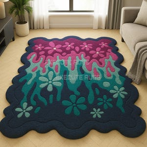 Hand-Tufted Wool Area Rug: Navy Blue Floral, Pink & Teal - 8x10/9x12