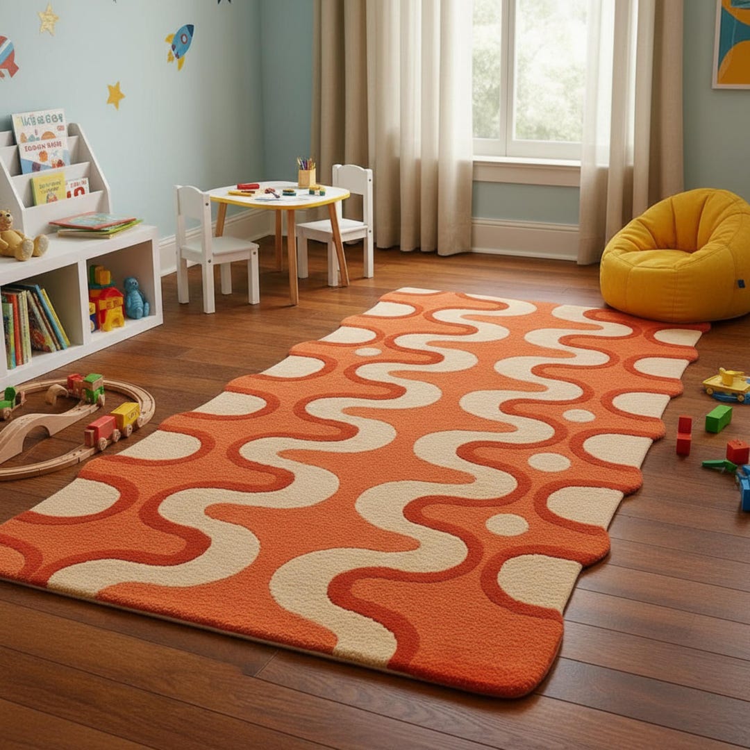 Hand Tufted Wool Rug, Orange Cream Abstract Wavy Area Rug, Mid Century ...