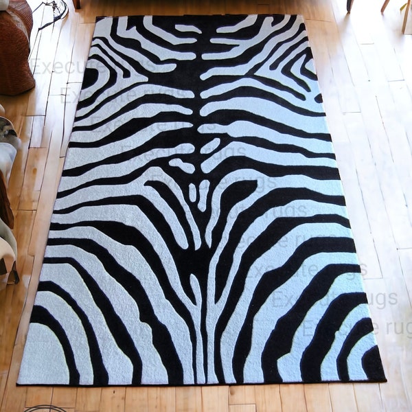 Zebra black & white animal print Shape  100% Wool Hand Tufted Area Rug, Handmade For Living Room, Bedroom, Home Decor Rug Kids Room