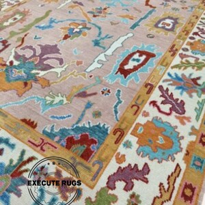 Hand Knotted Wool Oushak Rug: Pink & Cream Turkish Area Rug