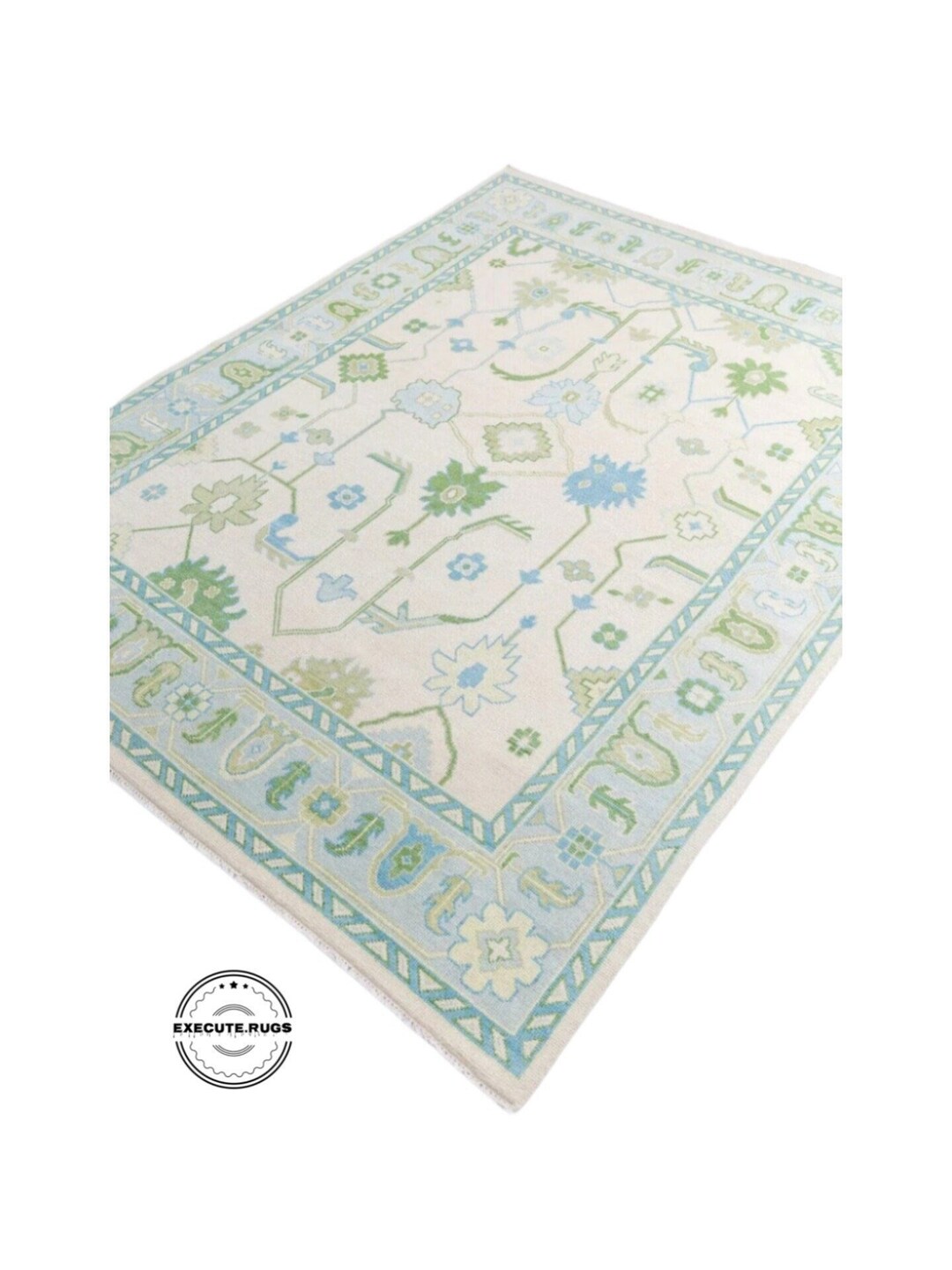 Handmade 9x12 Modern Oushak Rug With Sea Blue Border Olive Green Accent