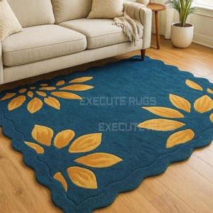 Teal Scalloped Wool Rug: Golden Leaf Hand-Tufted Carpet