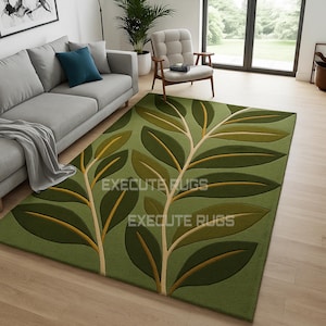 Hand-Tufted Wool Area Rug: Sage Green Leaf 3D Design