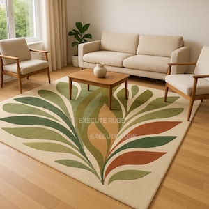 Hand Tufted Wool Area Rug: Abstract Leaf Pattern, Green & Beige